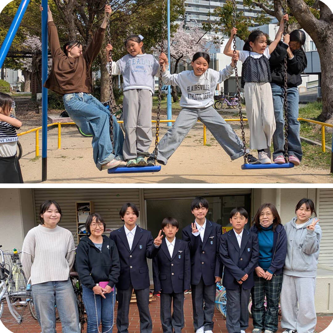 写真：公園のブランコでの集合写真、入学式を迎えた中学生の集合写真