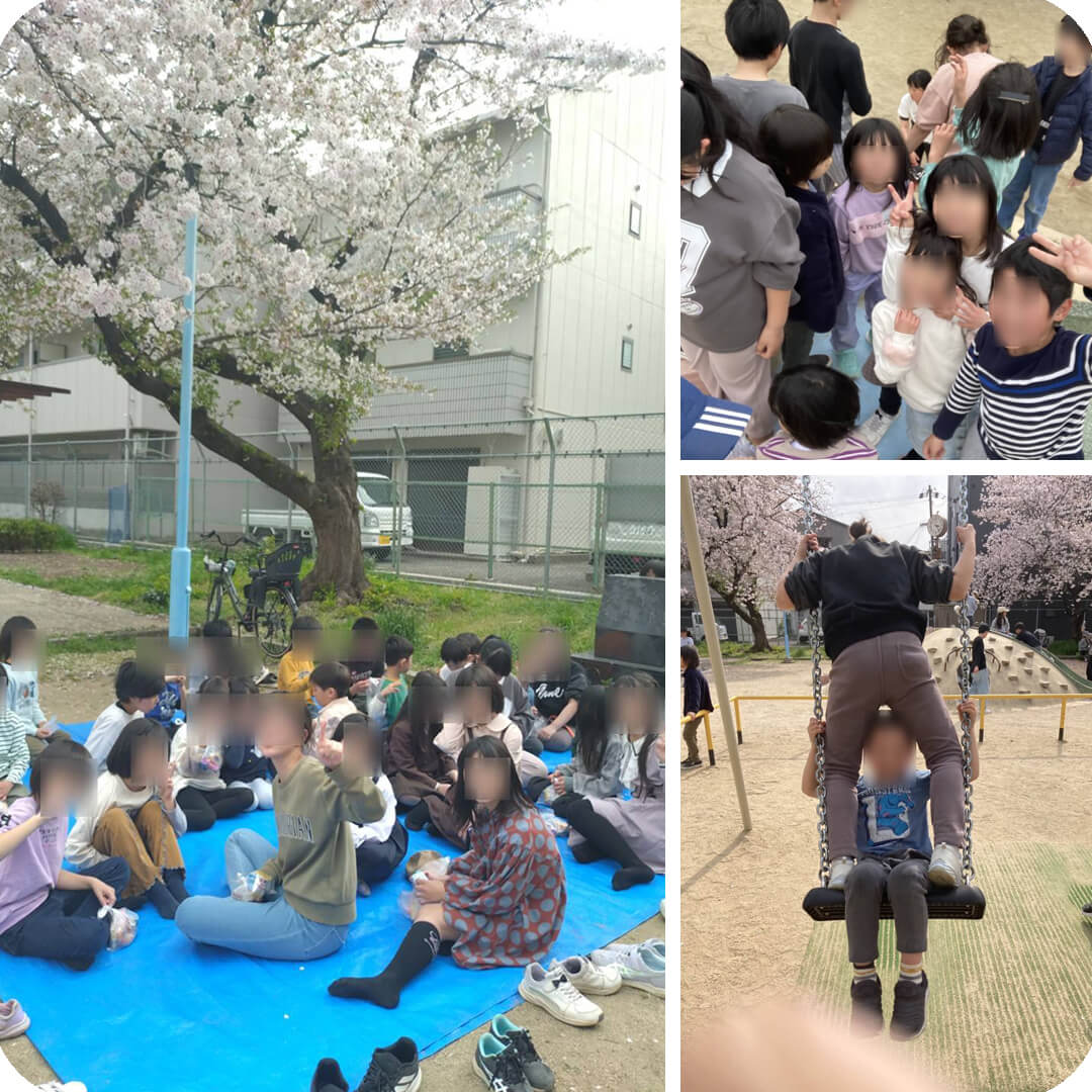 写真：桜の下で花見をする様子、公園で遊ぶ様子