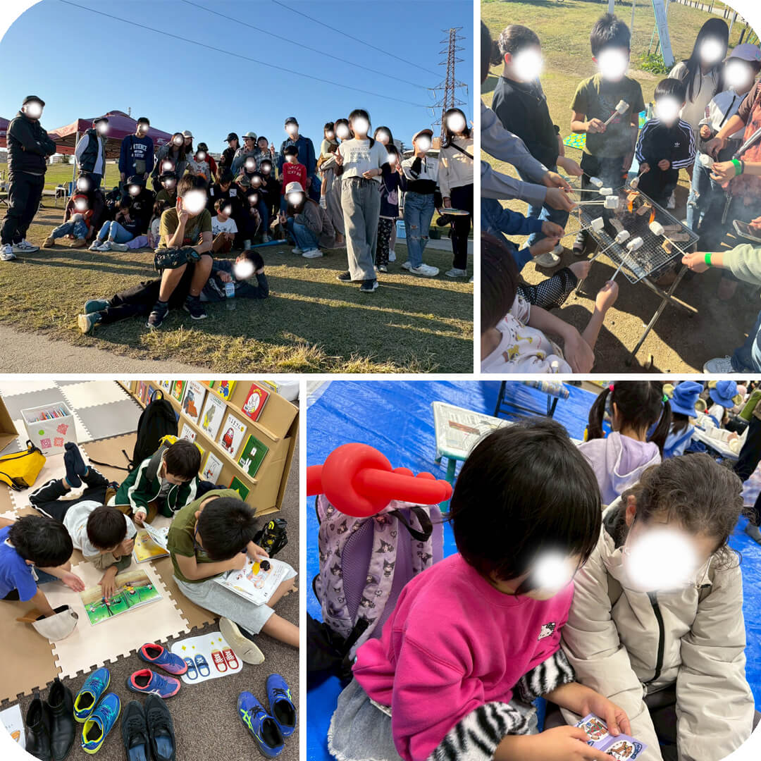 写真：集合写真、マシュマロを焼いている、絵をみている様子