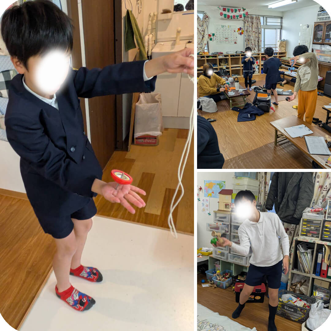 写真：こまを手にのせ披露している様子、躍動感あるけん玉の様子